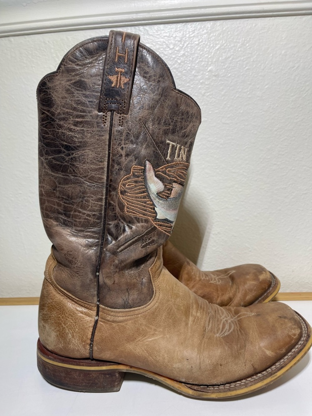 Men's Tin Haul Alpha Angler Boots with Fishing Lure Sole Handcrafted Brown
